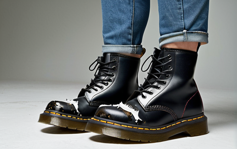 **Image Prompt:** Dr. Martens 1460 boots in a punk fashion style, reflecting the subculture association, worn with ripped jeans and a band t-shirt.